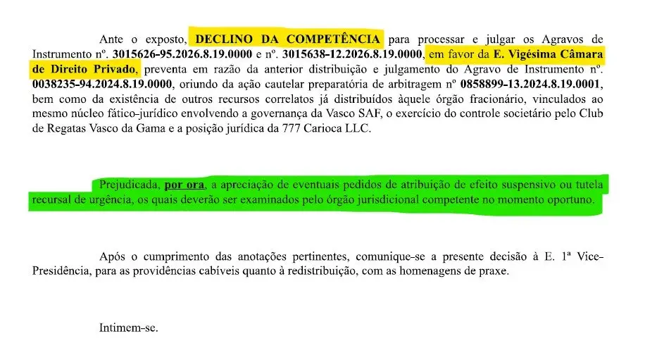 Desembargador envia recurso do Vasco para a 20ª Câmara de Direito Privado