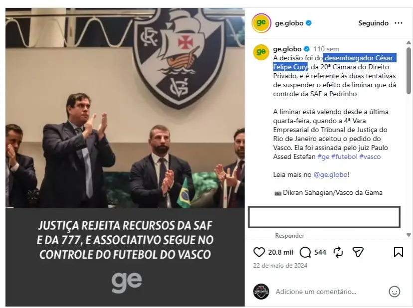 Desembargador que julgará agravo do Vasco já deu decisão favorável a Pedrinho contra a 777 anteriormente