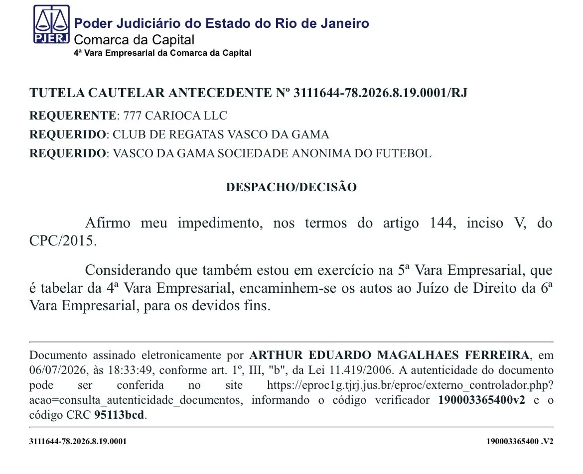 Juiz da 4ª Vara Empresarial se declara impedido e processo da SAF do Vasco é redistribuído