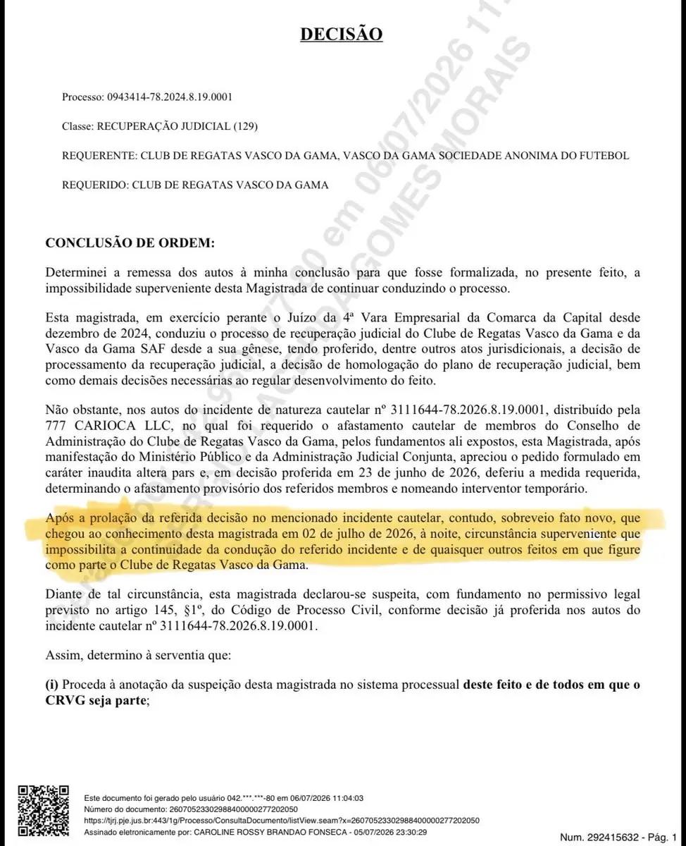 Juíza citou apenas o CRVG ao se declarar suspeita de seguir na ação sobre a Recuperação Judicial