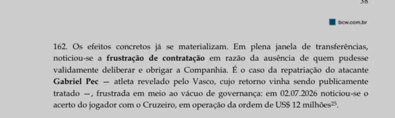 Vasco afirma que estava negociando a contratação de Gabriel Pec quando houve intervenção na SAF