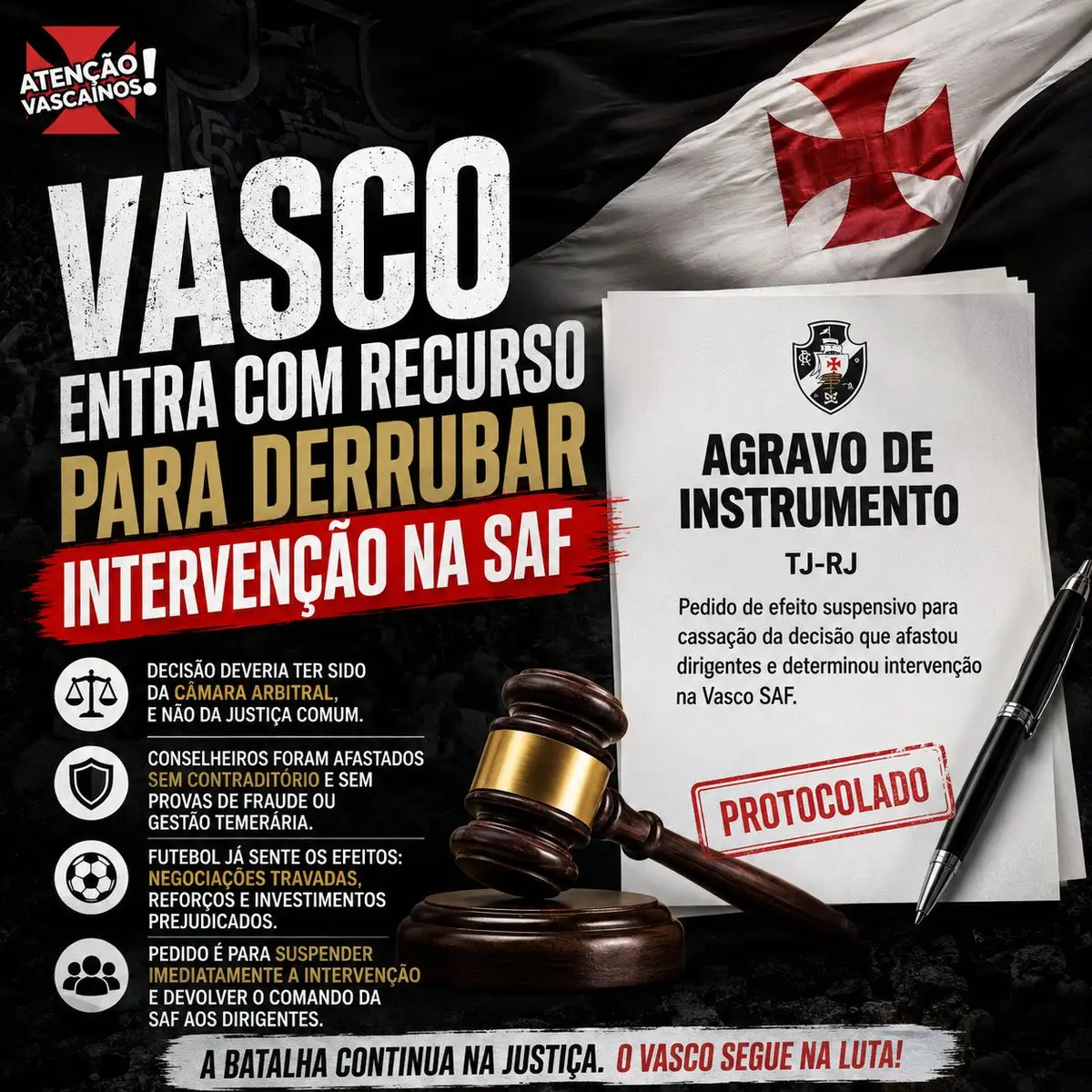 Vasco entra com agravos de instrumento para reverter intervenção na SAF