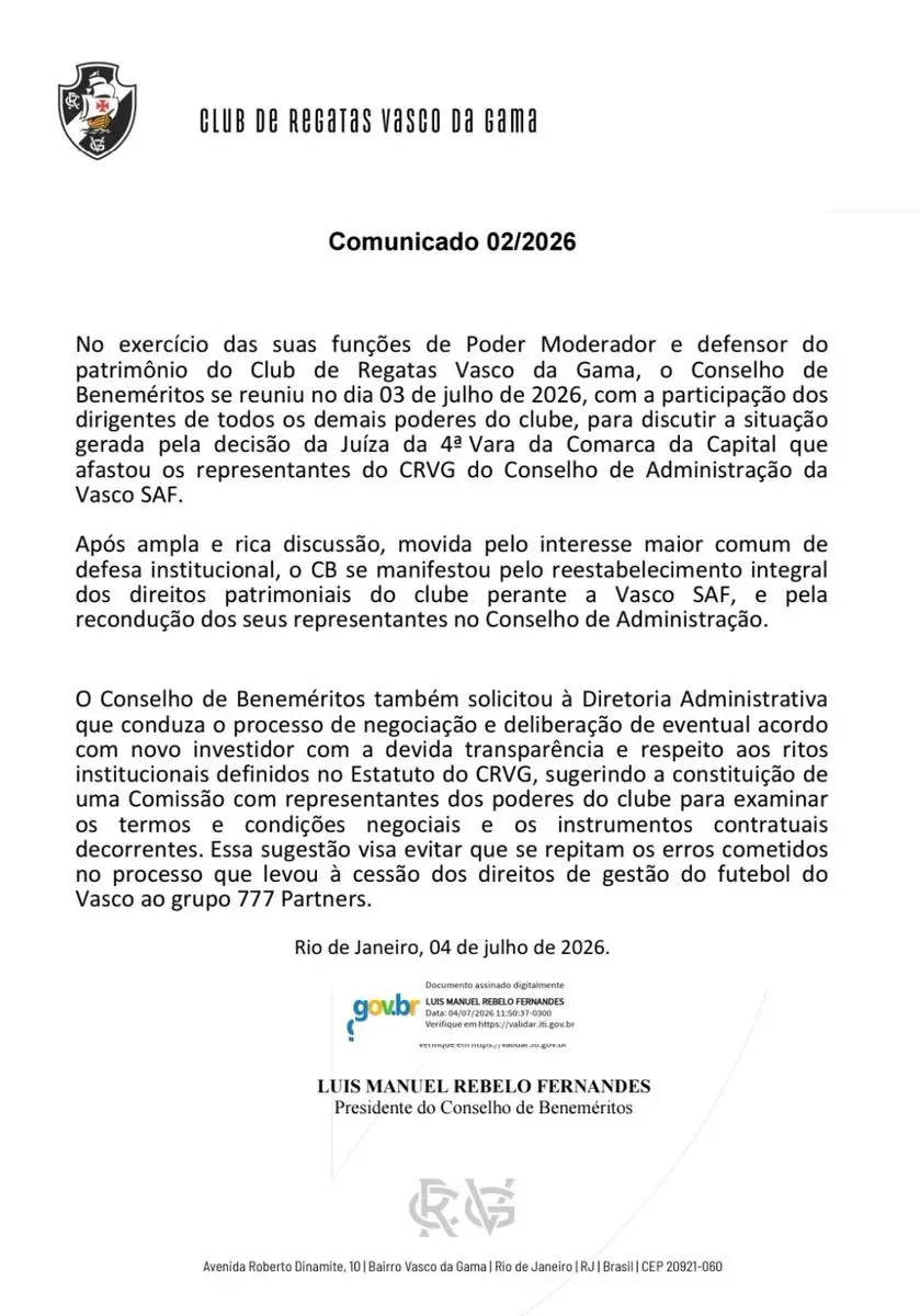 Veja comunicado do Conselho de Beneméritos após reunião com Pedrinho