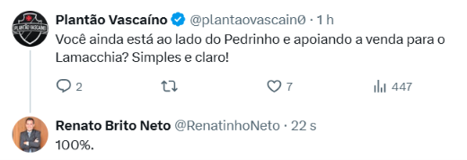 2º VP geral Renato Brito Neto responde '100%' a ser perguntado sorbe estara ao lado de Pedrinho e a favor da venda da SAF para Lamacchia