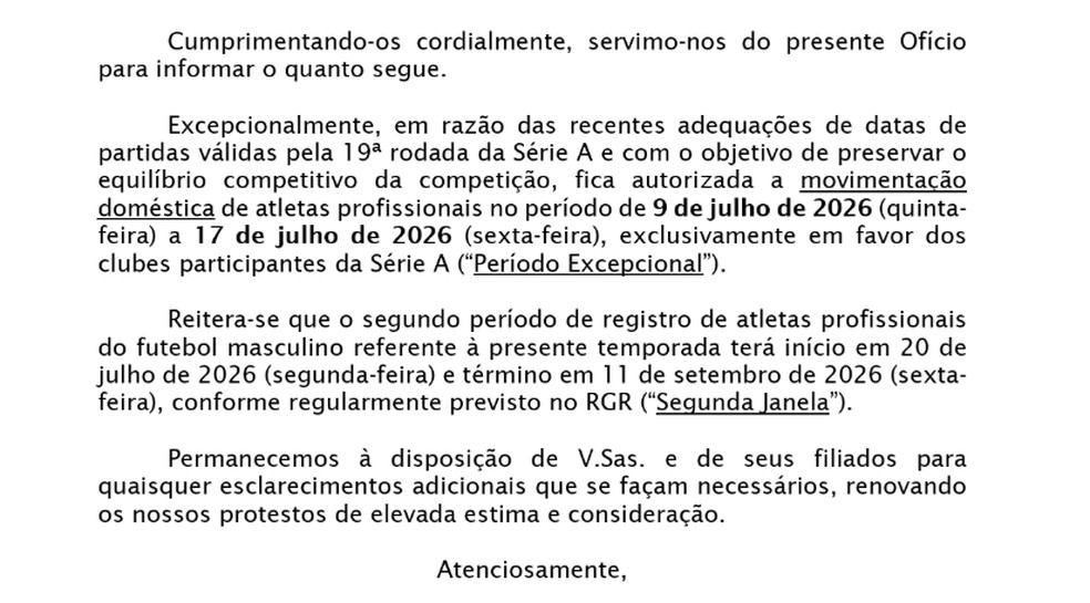 CBF abre janela extraordinária e Vasco poderá ter eventuais reforços contra o Vitória