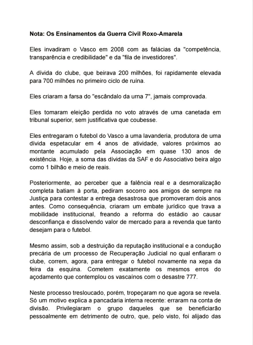 Fuzarca divulga nota sobre o momento do Vasco