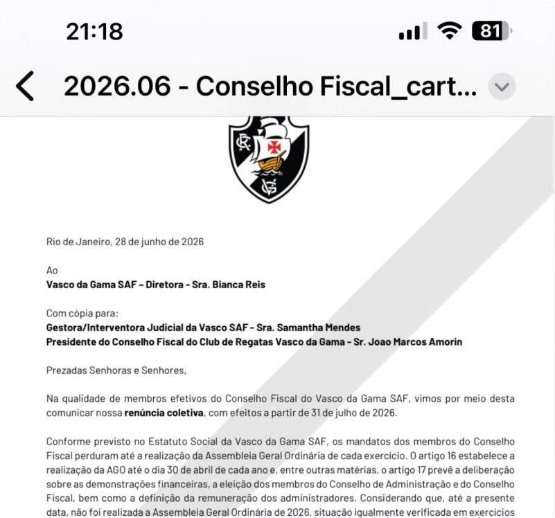 Membros do Conselho Fiscal da Vasco SAF apresentam renúncia coletiva