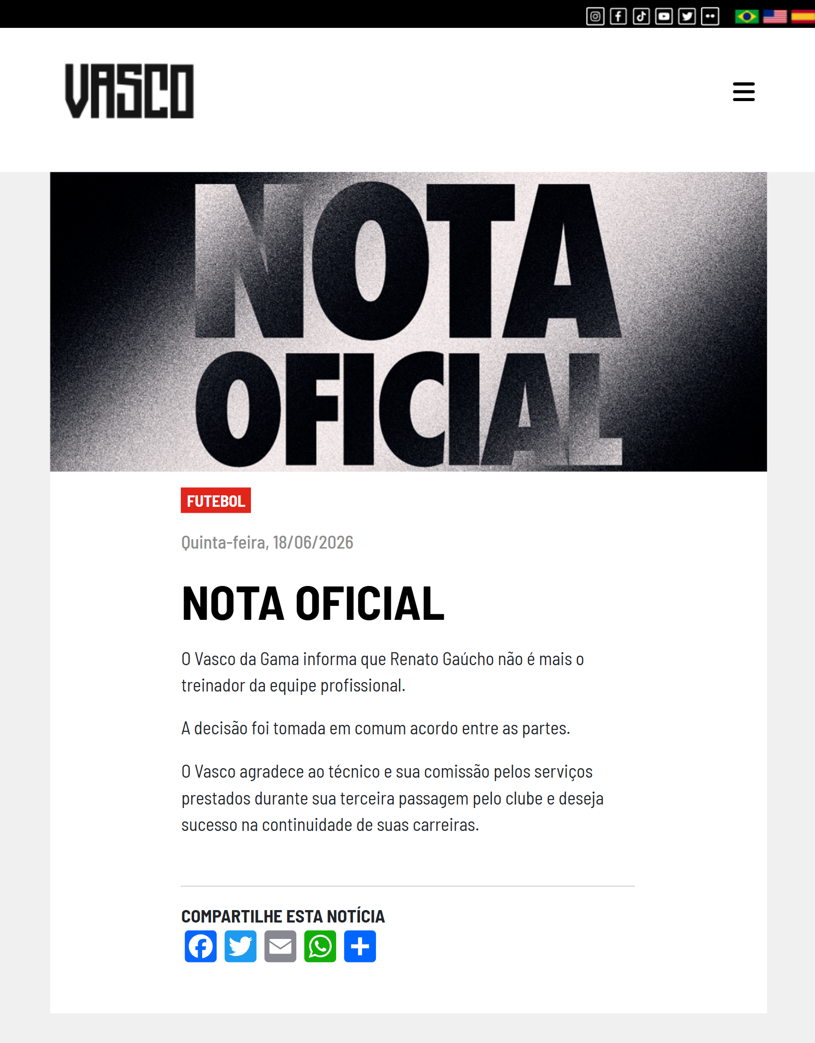 VASCO INFORMA A SAÍDA DE RENATO GAÚCHO