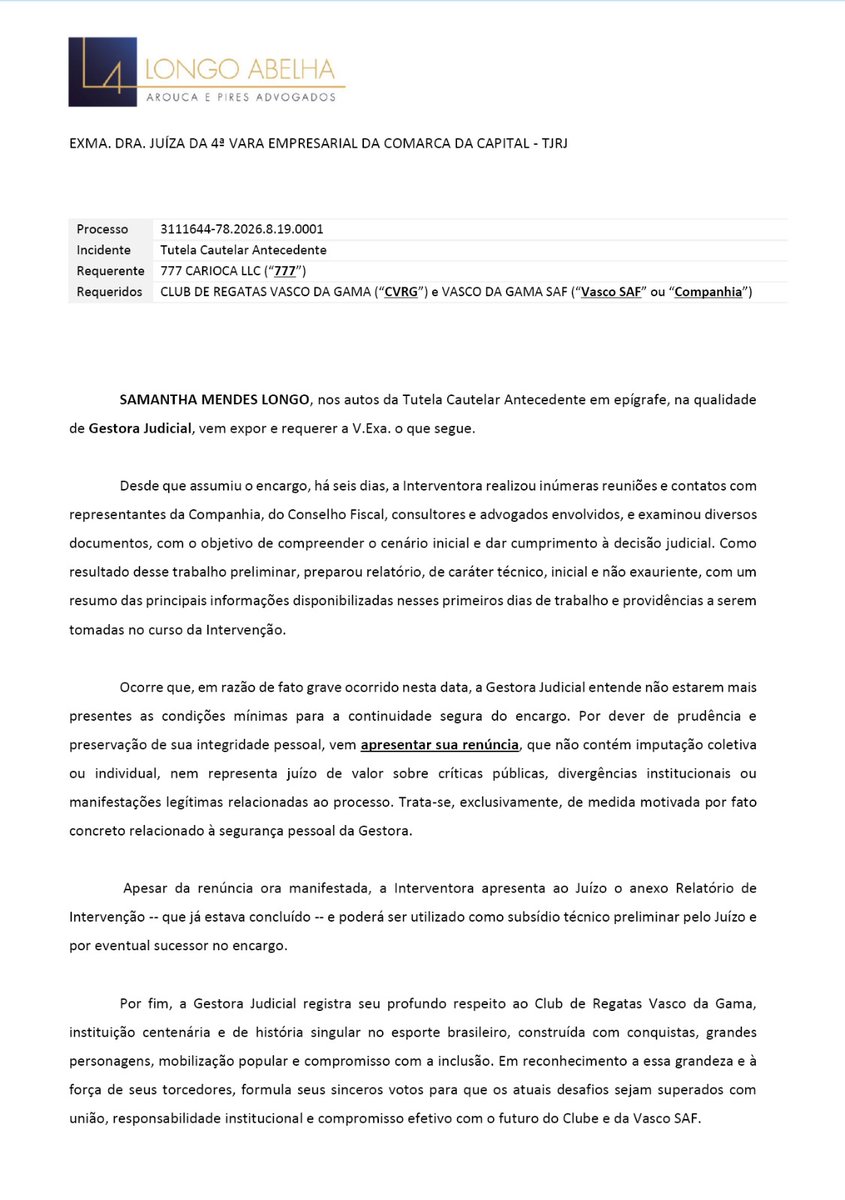 Veja a íntegra do relatório feito pela interventora Samantha Longo sobre a Vasco SAF