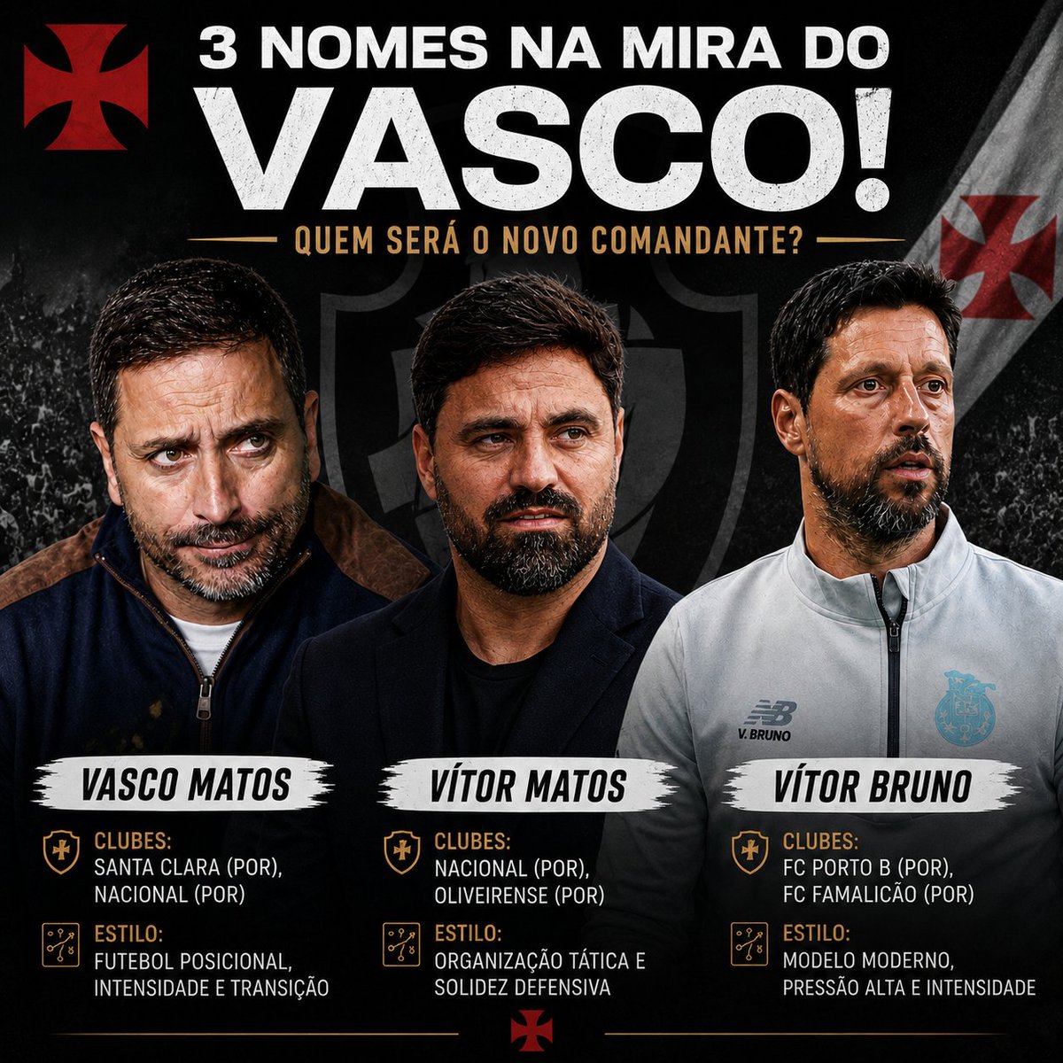 Vítor Bruno, Vasco Matos e Vítor Matos estão no radar para técnico do Vasco